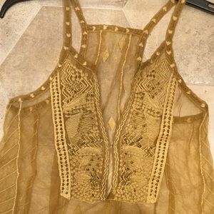 Free People Sheer Mustard Racerback Tribal Tank